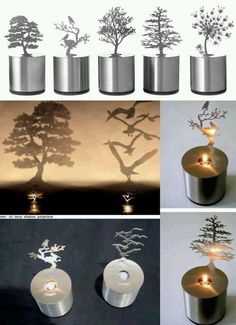 four different pictures with trees in them and some lights on the top one is lit up