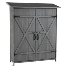 an outdoor storage shed with two doors and one door open to reveal the side view