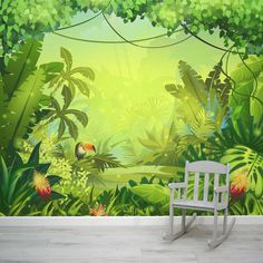 a white rocking chair sitting in front of a wall mural with tropical plants and birds