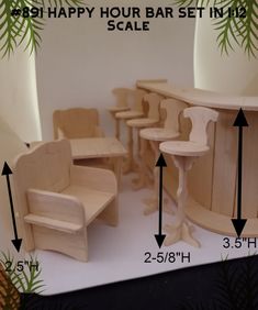 a table and chairs are shown with measurements for each set in the photo, along with other furniture