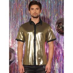 Check out this stunning Shiny Design Color Block Collared Short Sleeves Button Down Closure Nightclub shirt! The sparkling disco button-down shirt is designed to show off your figure and make your style stand out. It's the perfect choice for a night out at a club, a lively party, or a dazzling dancing performance. You can elevate your look by pairing this shiny shirt with faux leather pants and a metallic coat for a touch of glamour. Short Sleeve Party Tops With Buttons, Fitted Short Sleeve Shirt For Night Out, Fitted Collared Shirt For Party, Fitted Button Shirt For Night Out, Fitted Short Sleeve Party Shirt, Fitted Disco Style Party Shirt, Fitted Disco Shirt For Party, Fitted Disco Party Shirt, Disco Style Shirt For Night Out In Summer