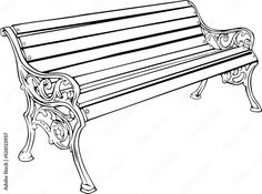 a black and white drawing of a park bench with scrolled designs on the back