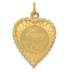 This stunning charm is titled the "14k Yellow Gold HAPPY ANNIVERSARY Heart Charm." It is intricately designed using high-quality 14k yellow gold and weighs 1.87 grams. The length of the charm measures 29mm, while the width is 19mm. This beautiful piece is engravable and serves as an excellent addition to any jewelry collection. As a themed pendant/charm, it is sold individually and comes in a sunny yellow color, making it a thoughtful and meaningful gift for a special occasion like an anniversary.  Precious Metal Type: 14k Yellow Gold Weight: 1.87 GM Material: Primary - Purity:14k Length of Item:29 mm Material: Primary:Gold Item Weight U/M:gm Width of Item:19 mm Engravable:Yes Product Type:Jewelry Jewelry Type:Pendants & Charms Sold By Unit:Each Pendant/Charm Type:Themed Material: Primary Gold Anniversary, Bow Jewelry, Sunny Yellow, Engraved Jewelry, Jewelry Companies, Watch Necklace, Happy Anniversary, Meaningful Gifts, Yellow Color