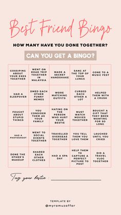 a pink poster with the words, best friend bingos how many have you done together?