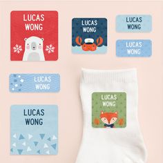 four pairs of socks with the words lucas wong, lucas wrong and lucas's wrong on them