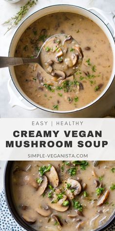 creamy vegan mushroom soup in a pot with a spoon