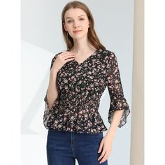 Whether you're in the office or out on the town, this delicate floral print blouse is perfect for any occasion! Wear this shirt out for a breezy look. Look cute no matter where the day takes you in the vintage flare sleeve floral blouse. Add a little whimsy to your look with the cute floral print blouse. Feminine V-neck Printed Blouse, Floral Print V-neck Tops For Work, Printed V-neck Tops For Office, Spring Chiffon V-neck Blouse, Spring Chiffon Office Tops, Floral Print V-neck Top For Office, V-neck Printed Blouse For Workwear, Feminine Printed V-neck Blouse, Floral Print Chiffon V-neck Top