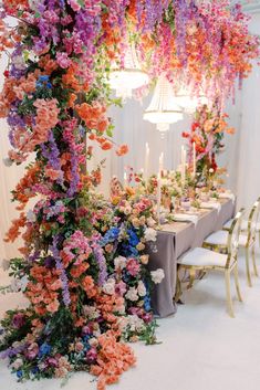 the table is covered with flowers and candles