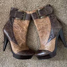 Brown And Tan Distressed Look Shoe Boots With Buckle Never Worn Outside Just Tried On Inside Brown Shoe Boots, Womens High Heel Boots, Two Lips, Knee High Leather Boots, Brown Shoe, Heel Boots, Womens Shoes Wedges, High Heel Boots, Fashion Essentials