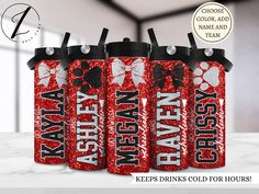 three red and black water bottles with the words paw haven on them, sitting on a marble countertop