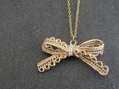 Gold Lace Bow Pendant Necklace, Bow Necklace, Birthday gift, Gift for Friend, Bridesmaid gift, Sister Gift Gold Necklace With Ribbon For Gift, Gold Necklace With Ribbon Perfect For Gifts, Gold Butterfly Knot Necklace For Gift, Gold Necklaces With Butterfly Knot For Gift, Gold Necklace With Decorative Bow For Party, Gold Necklace With Butterfly Knot For Gift, Formal Gold Necklaces With Ribbon, Formal Gold Necklace With Ribbon, Formal Gold Ribbon Necklace