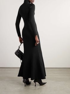 BALENCIAGA Turtleneck ribbed silk-blend maxi dress Turtleneck Maxi Dress, Uzun Boy, Black Turtleneck Dress, Turtleneck Dress Sleeveless, Oversized Blazers, Balenciaga Spring, Turtleneck Midi Dress, Ribbed Tank Dress, Ribbed Maxi Dress