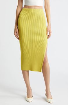 Open Edit Luxe Sculpt Rib Midi Skirt | Nordstrom Fitted Knit Midi-length Bottoms, Fitted Knit Midi Bottoms, Relaxed Ribbed Midi Skirt, Stretch Knit Midi Bottoms, Chic Stretch Ribbed Skirt, Spring Knit Midi-length Bottoms, Spring Knit Midi Bottoms, Spring Knit Midi Skirt, Fitted Knit Skirt For Spring