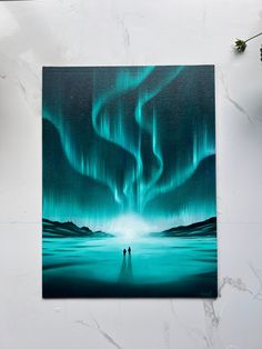 two people standing in front of an aurora bore painting