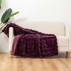 a white couch with a purple blanket on top of it next to a potted plant