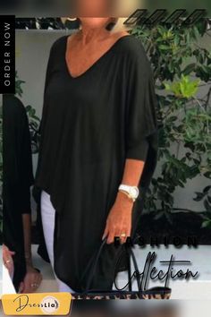 Loose Women Black Asymmetric Hem Tops Black Asymmetrical Solid Color Tops, Chic High-low Hem Top For Party, Casual Black High-low Hem Tops, Casual Asymmetrical Top For Evening, Black High-low Hem Top For Fall, Chic Black High-low Hem Top, Black Asymmetrical Tops For Summer, Black Asymmetrical Summer Top, Oversized Tops For Spring Evenings