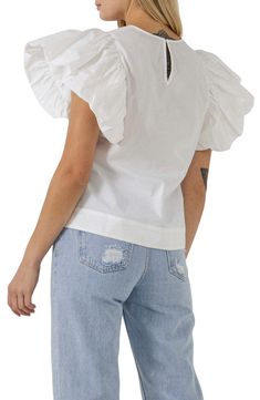 Fluttering ruffle sleeves frame this charming day-to-night top crafted from breezy cotton. Crewneck Short sleeves 100% cotton Hand wash, dry flat Imported Night Tops, English Factory, Ruffle Sleeve Top, Fringe Skirt, Poncho Cape, Mens Scarves, Ruffled Sleeve Top, Scarf Men, Ruffle Sleeves