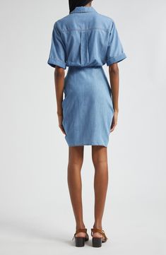 A fresh twist on casual shirtdress style features a re-positioned snap placket and a jaunty tie fixed at the waist. 38" length (size 8) Front tie closure Spread collar Short sleeves Attached sash 60% cotton, 40% Tencel® lyocell Tencel lyocell is a more-sustainably produced fiber made with closed-loop processing Dry clean Imported Spring Shirt Dress With Tie Waist And Relaxed Fit, Spring Relaxed Fit Shirt Dress With Tie Waist, Casual Relaxed Fit Shirt Dress For Work, Summer Mid-length Shirt Dress With Button Closure, Fitted Shirt Dress With Tie Waist For Spring, Casual Midi Dress With Fitted Waist For Work, Fitted Shirt Dress With Tie Waist For Day Out, Casual Dress With Relaxed Fit And Spread Collar, Casual Knee-length Buttoned Shirt Dress