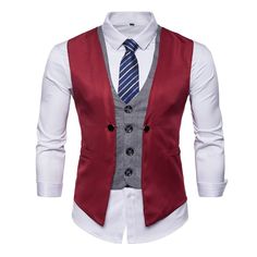 Wiaofellas Fake Two Piece Mens Formal Vest Red Waistcoat Fashion Steampunk Casual Business Jacket Party Dress Men Gilet Homme Retro Party Dress Men, Steampunk Casual, Suit Fashion Men's, Mens Black Vest, Red Waistcoat, Mens Formal Vest, Business Vest, Waistcoat Fashion, Men Waistcoat