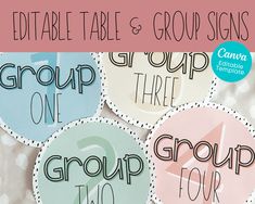 a group of round stickers with the words group two and four in different colors