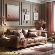 a living room filled with furniture and pink curtains on the windows sill above it