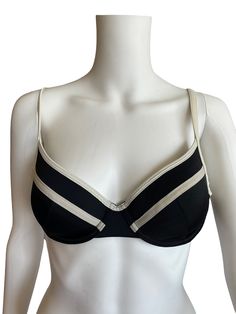 Vintage elegant black and white swimwear bra , S size . Black Underwire Swimwear Partially Lined, Black Triangle Top Bra With Padded Cups, Elegant Fitted Bra For Beach, Summer Black Partially Lined Swimwear, Partially Lined Fitted Bra For Beach, Elegant Black Swimwear With Padded Cups, Lined Black Swimwear For Pool, Chic Black Swimwear With Removable Bra Pads, Retro Black Swimwear For Beach Season