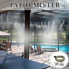 a ping pong table in front of a pool with mist coming out of it