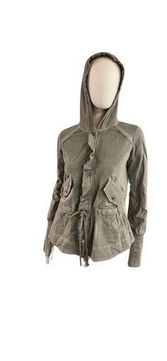 This fashionable, yet functional, Zip up  jacket  is made of American grown cotton/spandex french terry and dyed by hand for a faded, vintage effect. Color: Charcoal features ruffle front over zipper , drawstring waist , hood with detail on front edge and button on cuff with red stitching  Feels like your favorite sweatshirt! Stretchy and soft, front zipper with over sized brass none functional buttons , embroidery detail with hood  Last one snag this killer piece before it's gone. Made in Phila Charcoal Jacket, Buttons Embroidery, Snap Tape, Over Sized, Cotton Leggings, Embroidery Details, Vintage Tea, Last One, Stretchy Material