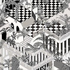 Cole & Son MIAMI BLACK/WHITE Wallpaper Black And White Art Deco Wallpaper, Cole And Son Acquario Wallpaper, Miami Black And White, Jungle Wallpaper Black And White, Miami Wallpaper, White And Black Palm Tree Wallpaper, Deco Chic, Cole And Son Wallpaper, Black And White Fabric