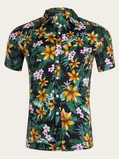 Mens Aloha Floral Printed Shirts Funky Tropical Casual Beach Hawaiian Pineapple Floral Shirt Button Down Casual Short Sleeve T-Shirt Floral Hawaiian Shirt, Denim Shirt Men, Long Sleeve Denim Shirt, Denim Shirts, Shirts Vintage, Raw Denim, Hawaiian Shirts, Shirt Button, Cheap Clothes