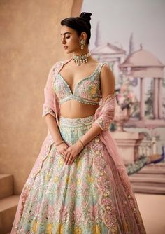 Step into refined elegance with this mint lehenga, featuring stunning 3d floral detailing. Embellished with sequins and resham embroidery, this ensemble offers a perfect blend of sophistication and charm, making it an ideal choice for those seeking a graceful and unique look. Mint Lehenga, Resham Embroidery, Embroidered Lehenga, Charm Making, Silk Organza, Indian Design, Indian Outfits, Every Woman, Lehenga