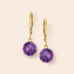 Ross-Simons - 3.20 ct. t. w. Amethyst Drop Earrings in 14kt Yellow Gold. Celebrate a February birthday wearing these royal purple amethyst earrings complemented by sun-kissed 14kt yellow gold. Bright 3.20 ct. t. w. round-cut amethyst gemstones make a luxurious statement. Hanging length is 1". Leverback, amethyst drop earrings. Amethyst birthstones are the perfect gift for February birthdays. Elegant Gemstone Round-cut Earrings, Elegant Gemstone Round Cut Earrings, Elegant Round Cut Gemstone Earrings, Classic Gemstone Earrings For Formal Occasions, Classic Formal Gemstone Earrings, Elegant Amethyst Earrings For Formal Occasions, Classic Round Amethyst Earrings, Amethyst Earrings Fine Jewelry For Formal Occasions, Formal Purple Round Earrings