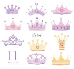 a set of nine princess crowns with hearts and numbers on each one, all in pastel colors