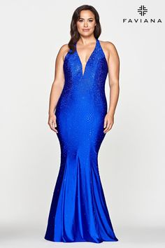 Faviana 9519 Long stretch charmeuse halter with heat set stones and fit and flare. Plus Formal Dresses, Long Fitted Dresses, Prom Dresses Long Mermaid, Color Skirt, Fit And Flare Skirt, Plus Size Prom Dresses, Glam Dresses, Prom Dresses Blue, Dress Purchase