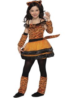 Your kid can take a walk on the wild side this Halloween with our Kid's Tiger Cub Costume. But that doesn't mean he or she has to look like a beast while doing so. In fact, this adorable set will do anything but that. It comes with the cutest little tiger striped dress that has an attached tail, a headband equipped with fuzzy ears, adorable sleevelettes, and leg warmers. Now, of that isn't the cutest thing you'll ever see, we don't know what is! Jungle Costume, Halloween Forum, Tiger Cub, Theatre Costumes, Costume Themes, In The Jungle, A Tiger, Tiger Stripes, Boys Jacket