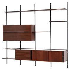 a wooden shelf with metal bars and shelves