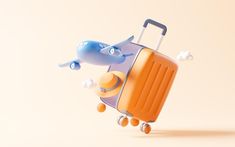 an orange and blue suitcase is flying through the air with its nose open, on wheels