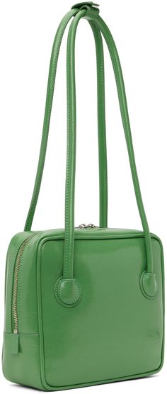 Crinkled leather top handle bag in green. · Twin shoulder straps with press-stud tab · Logo embossed at face · Two-way zip closure · Patch and zip pockets at interior · Logo-woven twill lining · H8 x W9 x D3 in Supplier color: Greenfield crinkle Green Top Handle Shoulder Bag With Adjustable Strap, Green Tote Box Bag With Detachable Strap, Green Satchel With Zipper Closure For Shopping, Green Box Bag With Double Handle, Green Luxury Shoulder Bag With Zipper Closure, Green Square Satchel For Formal Occasions, Formal Green Square Satchel, Green Square Shoulder Bag With Top Carry Handle, Green Square Shoulder Bag With Top Handle