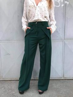 "Women Stylish Pants - wide-leg trousers with mid waist and asymmetric closure. Made from Italian Cotton and Wool. ■ All of our orders are shipped with DHL for FREE. Once we make your order, it will be with you in up to 2 days using the steller and award-winning international shipping services of DHL ■ ConceptBG is your perfect choice for incredible & unique style. Each item is made to order according to the size you pick, we do not hold stock. ■ SIZING ■ This piece comes in sizes from XS to 3XL. The model is wearing size M. ■ Women's SIZE CHART ■ SIZE XS US/Canada 2 UK 4 Europe 32 Australia 6 Japan 5 Bust: around 33 in / 84 cm  Waist: around 26 in / 66 cm Hip: around 35.5 in / 90 cm Approx. height: 5'3\" / 160 cm  SIZE S US/Canada 4/6 UK 6/8 Europe 34/36 Australia 8/10 Japan 7/9 Bust: aro Spring Trousers, Formal Costume, Women Trousers Design, Leg Pants Outfit, High Waisted Wide Leg Pants, Office Pants, Trouser Design, Wide Leg Dress Pants, Stylish Pants