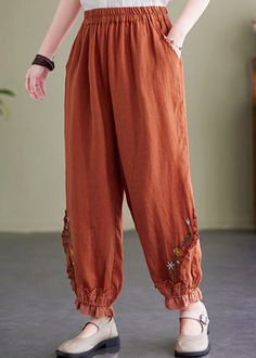 Casual Orange Embroideried Pockets Linen Lantern Pants SummerFabric: Cotton 45%, Linen 55%Size & Fit: This garment fits true to size.Length: Size L measures 35.49"from waist to hem.Waist:Fitted - elastic waist allows stretch Hip: Loosely Fitted. room for hips. Hand Wash Cold. Baggy Floral Embroidered Bottoms, Baggy Bottoms With Floral Embroidery, Brown Relaxed Fit Harem Pants For Spring, Casual Floral Embroidered Pants For Fall, Baggy Wide Leg Bottoms With Floral Embroidery, Casual Baggy Pants With Floral Embroidery, Non-stretch Embroidered Cotton Pants, Spring Embroidered Cotton Harem Pants, Non-stretch Embroidered Trousers