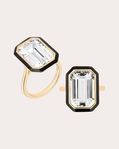 Set atop an 18-karat gold band, this striking ring outlines its emerald-cut rock crystal face with black enamel coloring along the outer bezel. From Goshwara's Queen Collection. 18k gold, black enamel and rock crystal Carat: 7.02 ctw Polish with soft cloth Made in India Measurements Crystal width: 0.39in Crystal length: 0.59in Emerald Cut Ring, Emerald Cut Rings, Gold Cocktail Ring, Gold Cocktail, Estilo Art Deco, Enamel Ring, 14k Gold Ring, Color Dorado, Multi Stone Ring