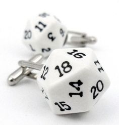 White d20 20 Sided Dice Cufflinks by Cufflinks on Etsy, $24.99 Nerd Jewelry, 20 Sided Dice, Mens Jewerly, Mens Cufflinks, Geek Girl, Men's Shoes Accessories, Nerd Love, Black Tie Affair, Groomsmen Gifts