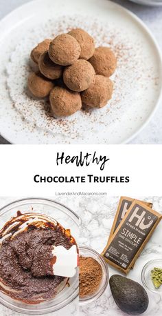 healthy chocolate truffles recipe on a white plate with ingredients to make them in the background