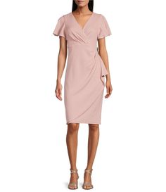 Ignite Evenings Short Flutter Sleeve V-Neck Metallic Knit Sheath Dress | Dillard's Feminine V-neck Bodycon Dress For Formal Occasions, Formal Feminine V-neck Bodycon Dress, Elegant Fitted V-neck Dress With Flutter Sleeves, Short Mother Of The Bride Dresses, Elegant V-neck Dress With Flutter Sleeves, Casual Mother Of The Groom Dresses, Casual Summer Wedding, Summer Mother Of The Bride Dresses, Mother Of Groom Outfits