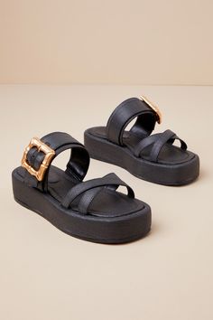 When you want to make a chic impression this season, you'll always reach for the Schutz Lola Black Buckle Flatform Slide Sandals! These summery, woven straw sandals boast a squared toe bed, slender crisscrossing toe-straps, and a wide, adjustable vamp strap that secures with a chunky, gold bamboo-inspired buckle. The 1.5"" flatform sole lends a trendy touch, while the effortless slide-on design allows for simple styling! 1. 5" flatform sole. Flat insole. Rubber sole has nonskid markings. Man mad Straw Sandals, Lulu Fashion, Chunky Shoes, Flatform Sandals, Slide Sandals, Rubber Sole, Apparel Accessories, Shoes Sandals, Buckle