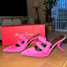 Roger Vivier Pumps With The Famous Virgule Heels Color: Fuchsia Material: Suede Size: 37 Pink Suede Heels With 4-inch Heel, Pink Suede Heels With Pointed Toe, Pink Suede Closed Toe Heels, Designer Pink Slip-on Heels, Vivier Shoes, Roger Vivier Shoes, Color Fuchsia, Roger Vivier, Shoes Women Heels