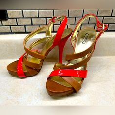 Elevate Your Party Look With These Stunning Guess Strappy Buckle Heels. The Tan Gold Orange Color And Gold Trim Accents Make Them Perfect For Any Elegant Occasion. The Ultra-High Stiletto Heel Measuring Over 4 Inches Adds A Touch Of Glamor To Your Outfit. These Shoes Feature A Solid Pattern, Almond Toe Shape, And Straps For A Comfortable Fit. The Buckle Closure Ensures A Secure Fit, While The Man-Made Material And Insole Provide Comfort And Durability. These Heels Are Perfect For Any Fashion-For Buckle Heels, Party Sandals, Woman Looking, Buckled Heels, Party Look, Guess Shoes, Gold Orange, Party Looks, Solid Pattern