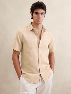 Slim Linen-Blend Shirt | Banana Republic Factory Beige Button-up Beach Shirt, Beige Button-up Shirt For Beach, Beige Button Closure Shirt For Summer, Beige Shirt With Buttons And Camp Collar, Beige Camp Collar Shirt With Button Closure, Beige Camp Collar Shirt With Buttons, Beige Summer Shirt With Button Closure, Spring Linen Camp Shirt With Button Closure, Beige Short Sleeve Camp Shirt For Spring