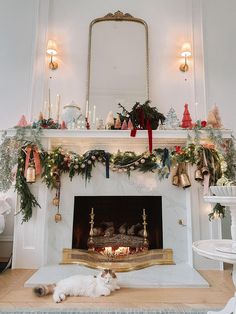 a white cat laying on the floor in front of a fireplace with christmas decorations around it