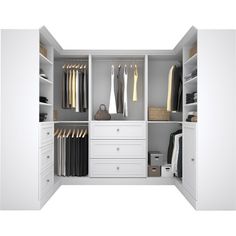 an open white closet with clothes and other items